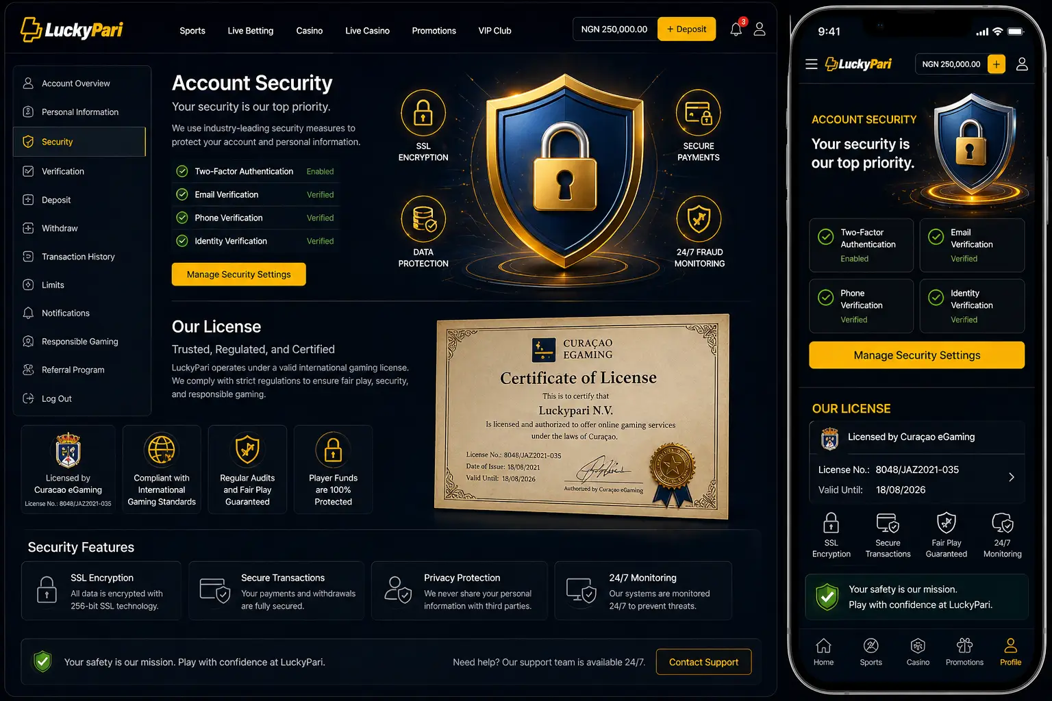 Account Security and LuckyPari License